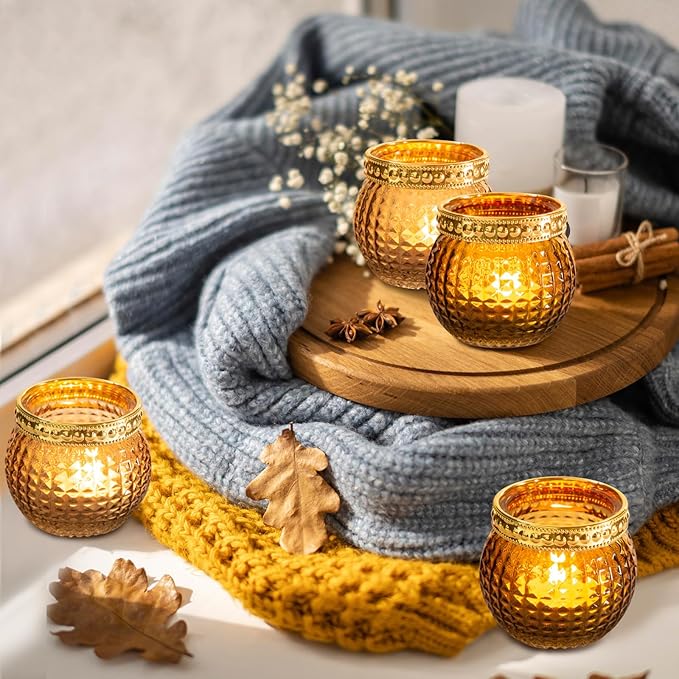 Amber Votive Candle Holders,Small Glass Tea Light Holder 12pcs,for Wedding Table,Vintage Boho Party,Holiday Centerpieces Fall Decorations