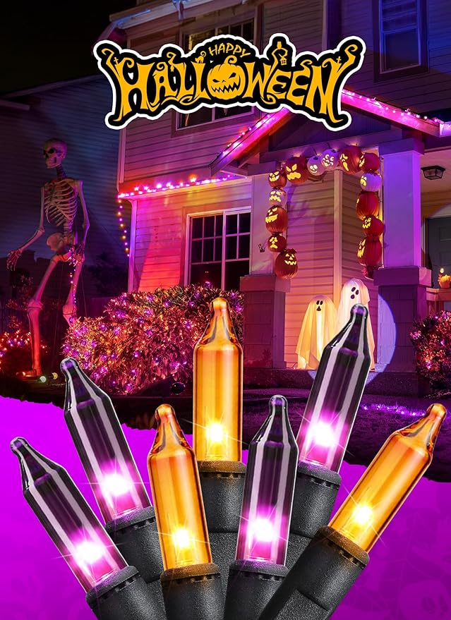 Minetom Halloween String Lights Orange & Purple 100 Count 25 Feet Incandescent Bulb Mini Lights for Indoor Outdoor Garland Party Festival Haunted House Decoration