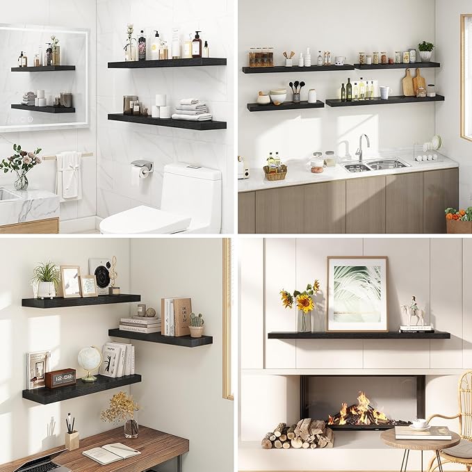 48 Inches Floating Shelves for Wall, 9.3" Deep Long Floating Shelves Set of 1, Large Display & Storage Shelf, Wall Shelf for Bathroom Bedroom Living Room Kitchen Office, Black