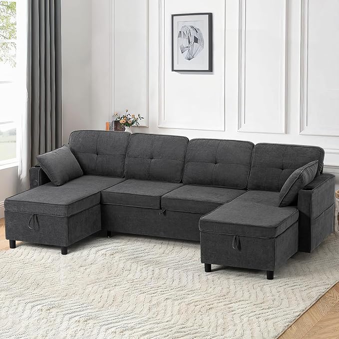 110 Inches Chenille Sectional Sofa w/Adjustable Back & Pull Out Sofa Bed, Tufted U Shaped Couch w/Two Storage Chaises, Sleeper Sectional Sofa w/USB Port & Cup Holders for Living Room, Grey
