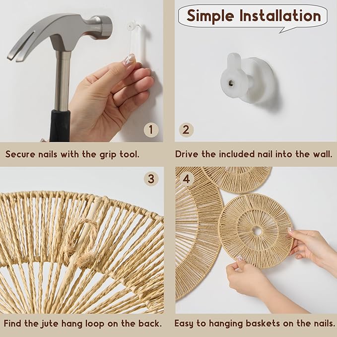 Mokof 7 Pack Boho Wall Decor Round Baskets Set (Small 7" to Largest 17") - Handwoven Large Wall Hanging Art for Bedroom, Living Room, Home Office