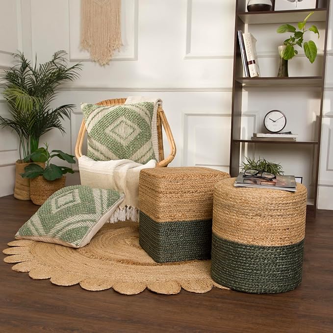 REDEARTH · Cylindrical Pouf Foot Stool Ottoman - Jute Braided Pouffe Poof Accent Sitting Footrest for The Living Room, Bedroom, Nursery, Patio, Lounge & Other Rooms (14.5”x14.5”x16”; Natural Olive)