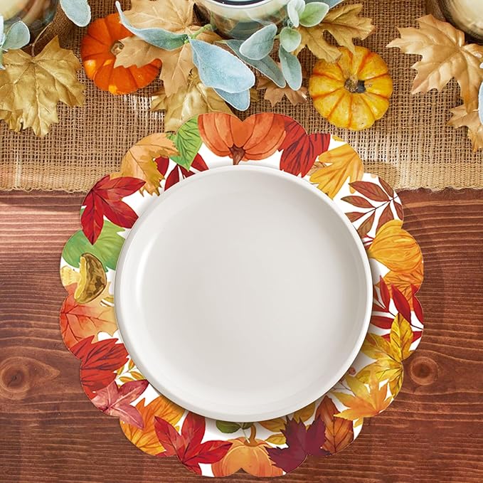 50Pcs Thanksgiving Fall Round Paper Placemats,13.4 Inch Autumn Maple Leaves Round Table Mats Fall Scalloped Disposable Placemats for Harvest Birthday Thanksgiving Party Supplies