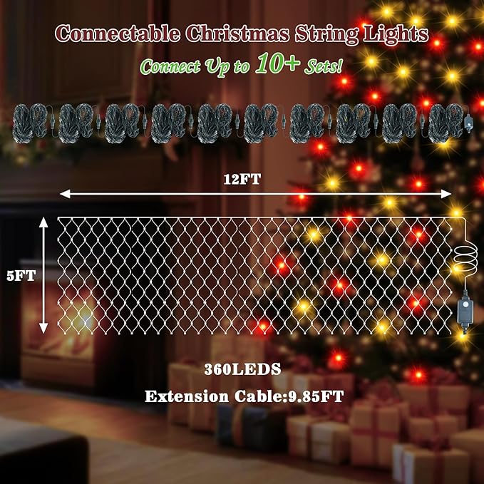 Christmas Net Lights 360 LED Outdoor 12FTx5FT Christmas Mesh Lights Connectable IP67 Waterproof Colorful Decorations Fairy String Light 8 Modes for Indoor Xmas Tree Bush Garden Decor Party-Multicolor