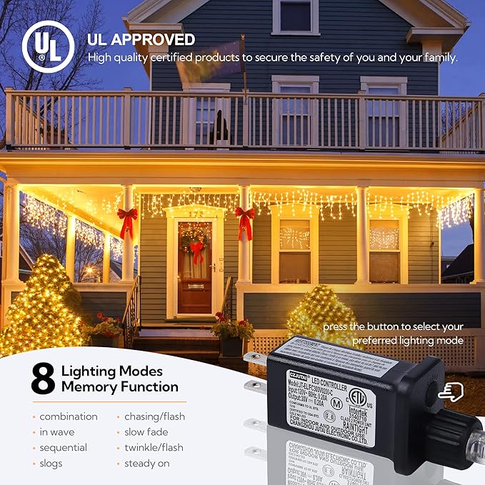 Hopolon 33FT 360L LED Christmas Icicle Lights Outdoor Waterproof,8 Modes Plug in Curtain String LIghts With 60 Drops,Christmas Lights for Wedding,Party,Bedroom,Home,Garden,Wall Decorations(Warm White)