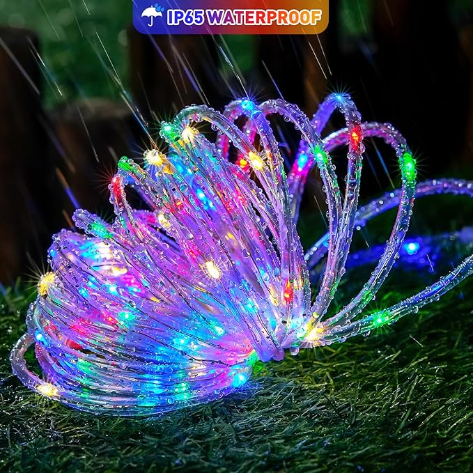 JMEXSUSS 2 Pack 100 LED Solar Rope Lights, IP 65 Solar Rope Lights Outdoor Waterproof, 33ft 8 Modes PVC Tube Trampoline Light for Fence Walkway Path (Multicolor)