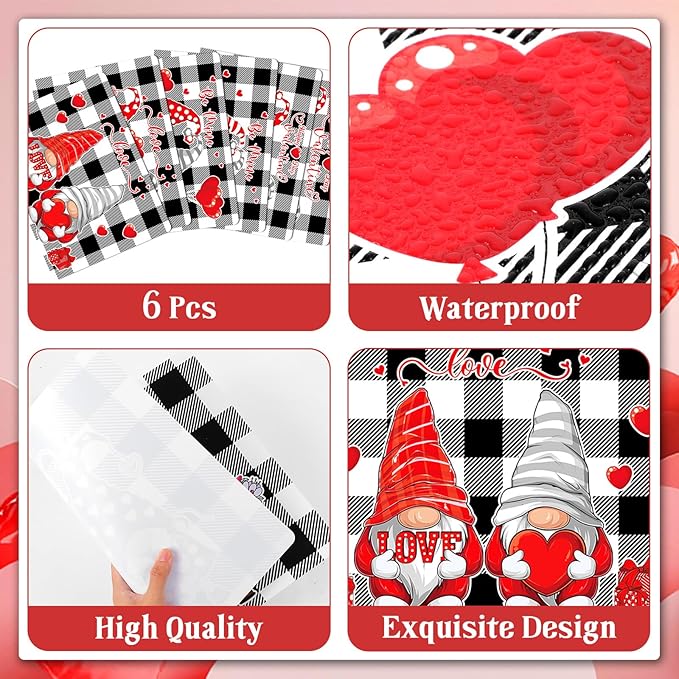 Valentine's Day Placemats Set of 6 Gnomes Plastic Table Mats Buffalo Plaid Place Mats Washable Vinyl Love Hearts Table Decoration for Anniversary Wedding Party Kitchen Dining Table