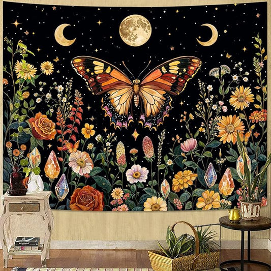 Lunerfex Boho Butterfly Tapestry Flower Moon Wall Tapestry, Moon Phases Tapestries for Bedroom Cute Tapestries Wall Hanging for Bedroom Living Room Decor Butterfly-2 44"x60"