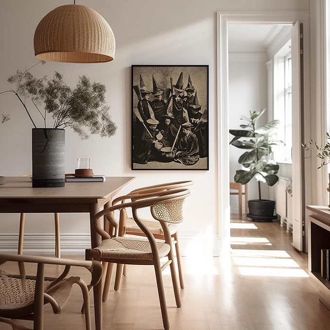 Poster Master Vintage Photograph Poster - Retro Halloween Print - Gift for Artist, Friend - Witches Cooking, Pointy Hats, Broomsticks, Black Magic - Wall Decor for Bedroom, 24x32 Unframed Wall Art