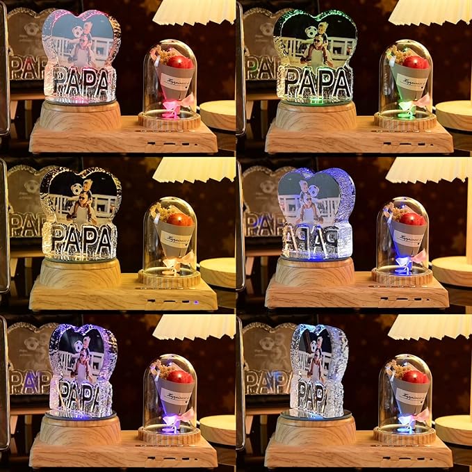 3D Crystal Photo, Personalized 4 Photos-Color Print Picture, Crystal Night Light Family Baby Mother Lover Daddy Day Gift, Rotating Windmill Rose Ornament lamp