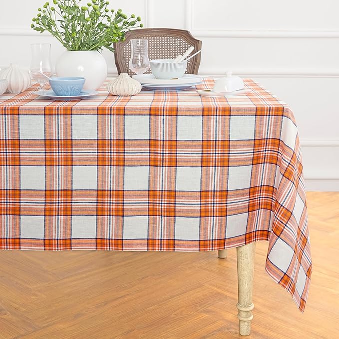 Solino Home Plaid Linen Tablecloth 60 x 90 Inch - 100% Pure Linen Orange Tartan Plaid Table Cloth for Rectangle Tables - Machine Washable Tablecloth for Fall, Autumn, Halloween, Thanksgiving