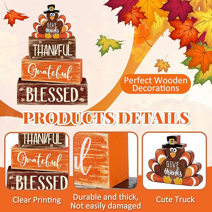 4 Pcs Fall Thanksgiving Decor for Home Funny Turkey Wooden Signs with Hat Thanksgiving Fall Tiered Tray Decor Turkey Tabletop Centerpiece Thankful Block Signs for Office Kitchen Shelf
