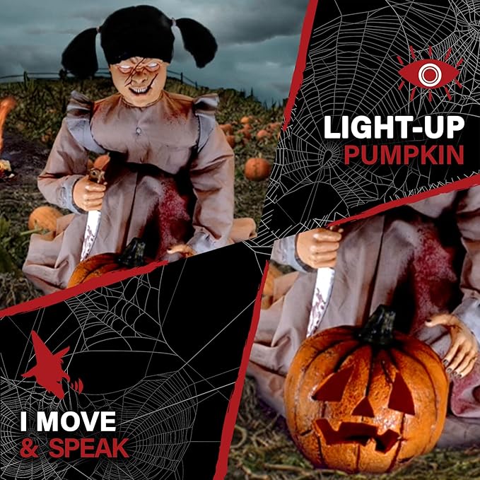 Haunted Hill Farm Lunging Pumpkin Carver Zombie Girl by Tekky, Motion-Activated Talking Halloween Animatronic for Indoor or Covered Outdoor Creepy Halloween Decorations, Plug-in or Battery Operated