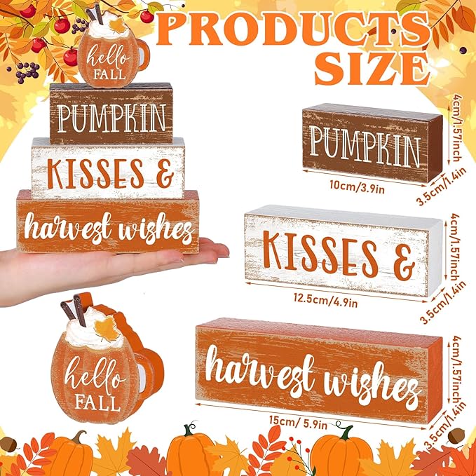 4 Pcs Fall Decor for Home Hello Fall Wooden Signs with Sayings Autumn Thanksgiving Tiered Tray Decor Pumpkin Ice Cream Tabletop Centerpiece Harvest Wishes Block Signs for Office Kitchen Shelf