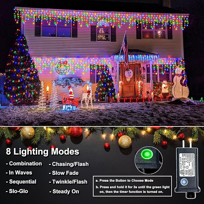 Icicle Lights for Outside, 33FT 400 LED Icicle Christmas Lights Outdoor Indoor with 8 Modes 75 Drops, Waterproof Connectable Twinkle String Light for Eaves Patio Garden Wedding Party Decor, Multicolor