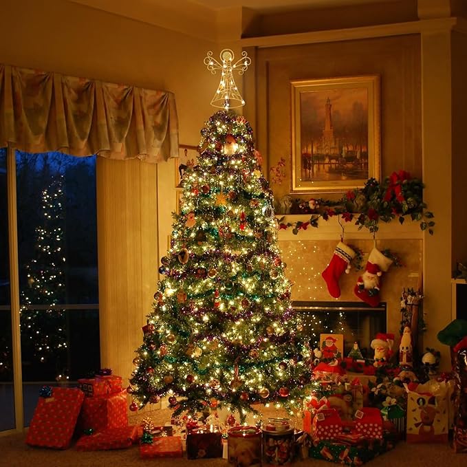 hogardeck Christmas Tree Topper, Glittered Gold Angel Tree Topper for Christmas Treetop, 30 LED Timer Sparkling Tree Toppers for Christmas Tree Decorations