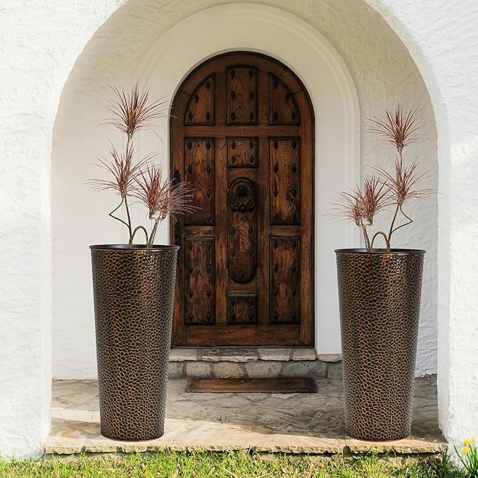 Worth Garden 2-Pack 28" H. Metal Planters with 2X Inside Pots - Hand-Hammered Texture Tall Narrow Cone Plant Pots - Large Handcrafted Bronze Flower Pot for Indoor Outdoor, Deck, Patio, Front Porch