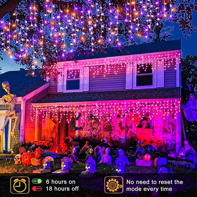 Orange and Purple Halloween Lights Outdoor, 33FT 400 LED Icicle Lights for Outside with Waterproof 8 Modes, Plug in Timer String Twinkle Light for Indoor House Yard Party Holiday Decorations