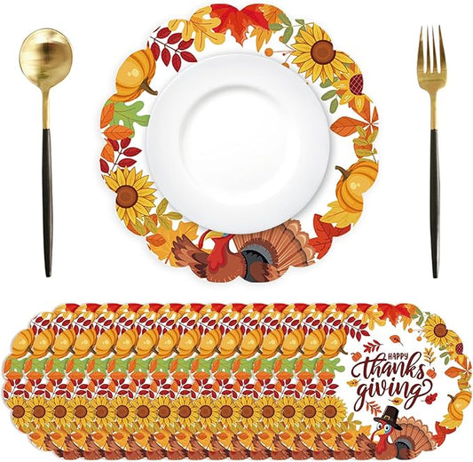 50Pcs Thanksgiving Fall Round Paper Placemats,13.4 Inch Pumpkin Turkey Disposable Placemats Autumn Maple Leaves Round Table Mats for Harvest Birthday Thanksgiving Party Supplies