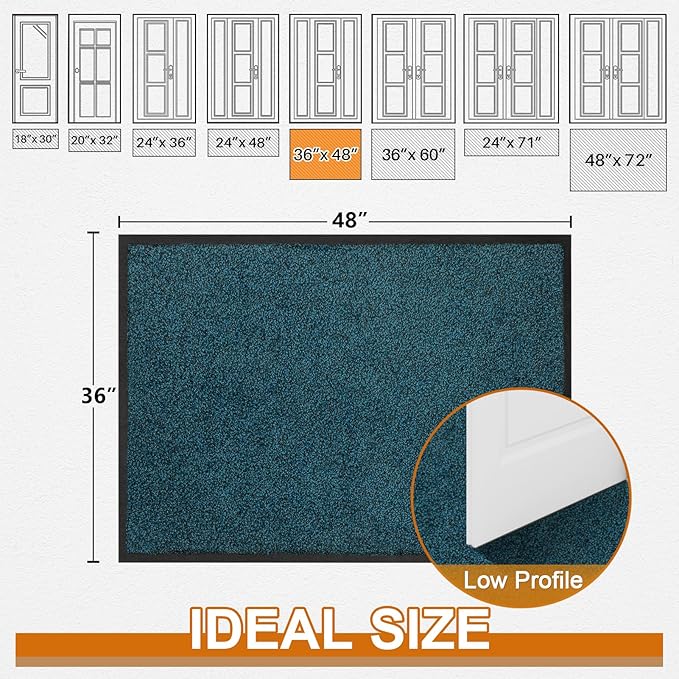 Mibao Front Door Mat, Dirt Trapper Welcome Mat for Outdoor Indoor, Non-Slip Waterproof Doormat, Durable Machine Washable Low Profile Entry Rug for Back Door Outside Patio Porch, 48" x 36", Blue