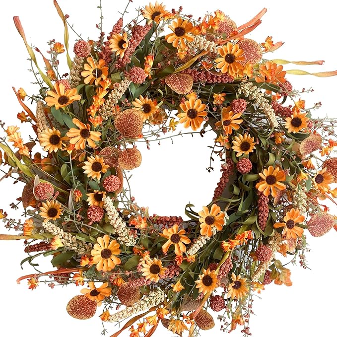 Bibelot Fall Front Door Wreath, 22" Artificial Floral with Colorful Daisies and Autumn Foliage - Orange for Wall, Window and Thanksgiving Decor