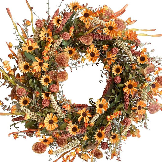 Bibelot Fall Front Door Wreath, 22" Artificial Floral with Colorful Daisies and Autumn Foliage - Orange for Wall, Window and Thanksgiving Decor
