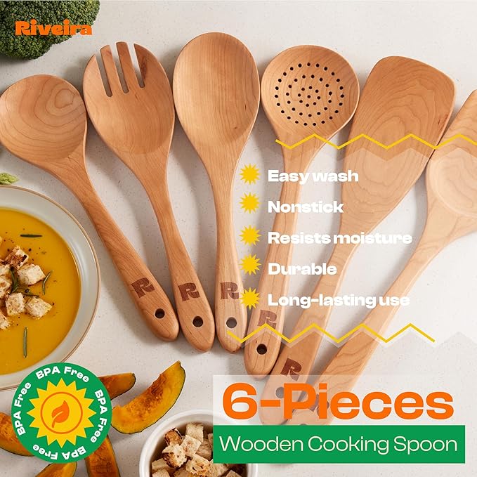 Riveira Cherry Wooden Spoons for Cooking Set of 6 – Natural Cherry Wood Cooking Utensils, Wooden Spatula, Wooden Spoon - Premium Quality Wooden Utensil Set for Non-Toxic Cooking