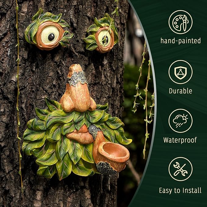 Tree Face Decor Outdoor,Whimsical Outdoor Art with Bird Feeder,Tree Hugger Bark Ghost Face Decoration Funny Yard Art,Garden Creative Decoration (12 INCH)