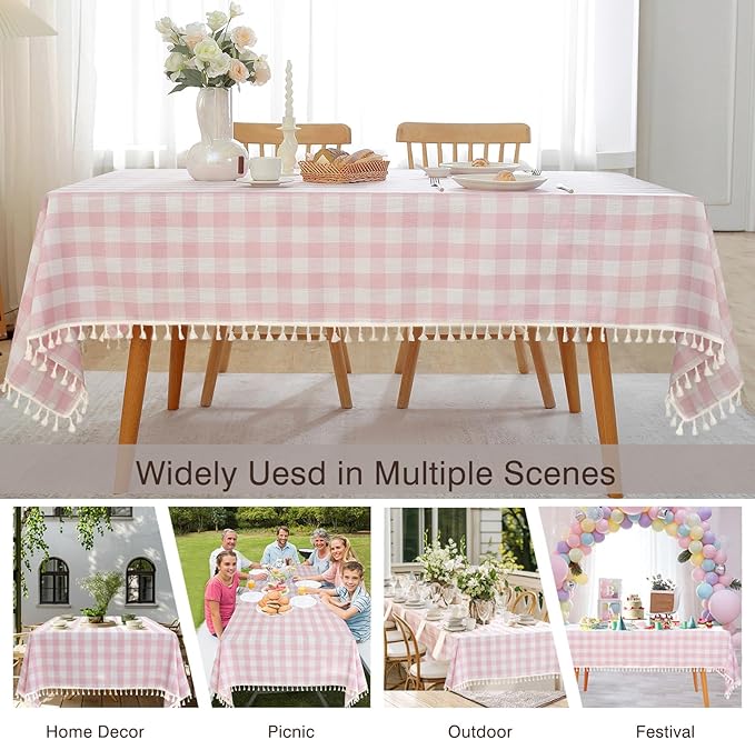 JIALE Gingham Tablecloth Rectangle Cotton Linen Fabric Checkered Table Cloth with Tassel Washable Wrinkle Free Buffalo Plaid Table Cover for Outdoor Party Picnic Kitchen Dining, Pink, 55x106
