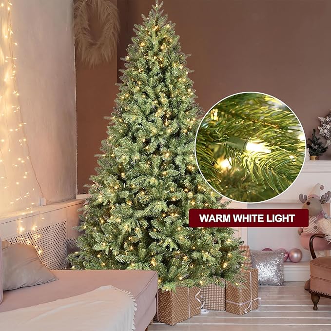 6FT Pre-Lit Artificial Christmas Tree with 1458 PE&PVC Mixed Branch Tips, 400 Warm White Lights, Hinged Premium Spruce Fake Xmas Trees, Green, Foldable Base