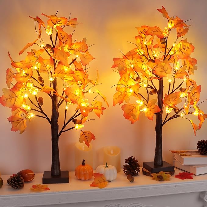 2 Pack 24 Inch Prelit Fall Maple Tree Fall Decorations for Home with 48 LEDs Battery Operated Timer Lighted Acorn Maple Tabletop Light Up Tree for Office Fall Decor Thanksgiving Decorations Indoor