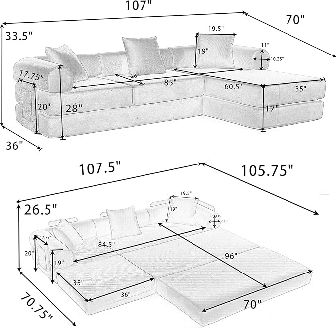 107" Oversized Convertible Sleeper Sofa Bed, Corduroy L Shape Sectional Couch, Folding Sofa Bed with Side Pocket, Modern Cloud Floor Mattress Couch, Modular Sofa for Living Room, Pink