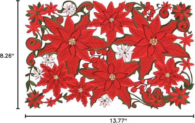 6 Pcs Embroidered Christmas Placemats - Holiday Applique Poinsettia Red Placemats - 11 x 17 Inch