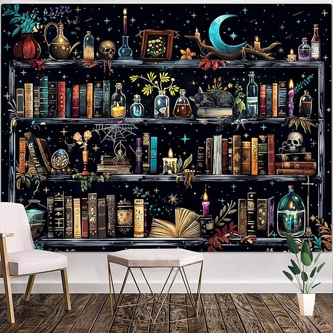 Accnicc Magic Bookshelf Tapestry Magical Witchy Potion Dark Hippie Haloween Tapestries Wall Hanging Gothic Skull Black Cat Library Book Large Tapestry for Bedroom Living Room Dorm 90 x 68 inch