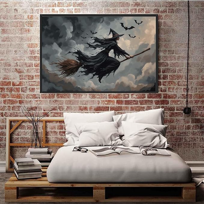 JFHCQJPK Witch and bat flying Halloween poster suitable for home party wall decoration retro Halloween preppy style wall art canvas print suitable for room decoration16x24in Metal blackFramed