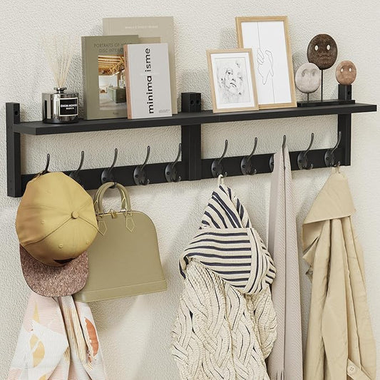 AMBIRD 34.2" Extra Long Wooden Wall Hook Rack with Shelf - Versatile and Decorative Wall-Mounted Storage with 10 Hooks for Coats, Hats, Keys, Scarves - Ideal for Entryways, Bedrooms, Closets (Black)