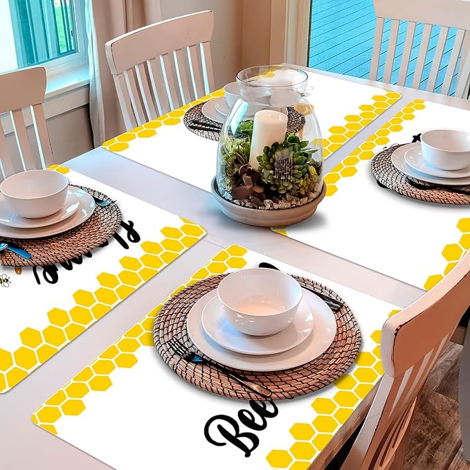 Honey Bee Placemats Set of 6 Summer Plastic Table Mats Yellow Bee Theme Placemats Washable Farmhouse Rustic Holiday Table Decoration for Indoor Outdoor Party Kitchen Dining