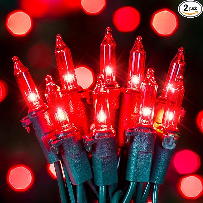 Hopolon Red Christmas Mini String Lights 2 Set 50Count 13Feet Incandescent Bulb Mini String Lights Waterproof for Indoor Outdoor Christmas Tree Garland Birthday Wedding Party Festival Decor,Red