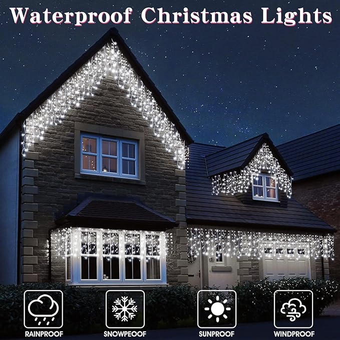 Icicle Christmas Lights Outdoor Decorations 640 LED 65.6 FT 8 Modes LED Icicle String Light with 120 Drops, Fairy String Curtain Lights for Christmas Holiday Decor Wedding Party (Cold White)