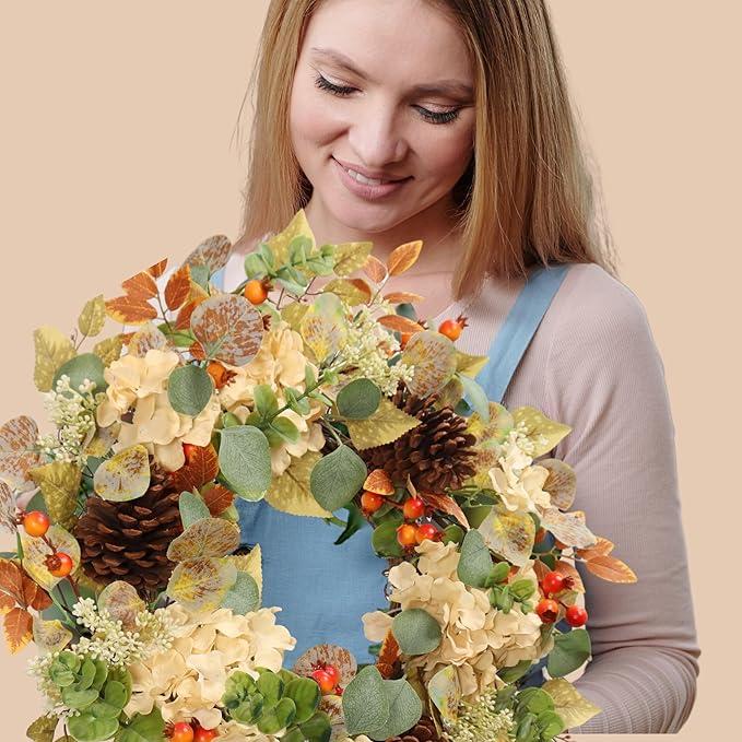 22 in Fall Hydrangea Wreath with Eucalyptus, Pinecones Orange Berries Perfect Autumn Door Wreath for Thanksgiving Harvest Decor - Rustic, Lifelike Durable for Indoor Outdoor Use