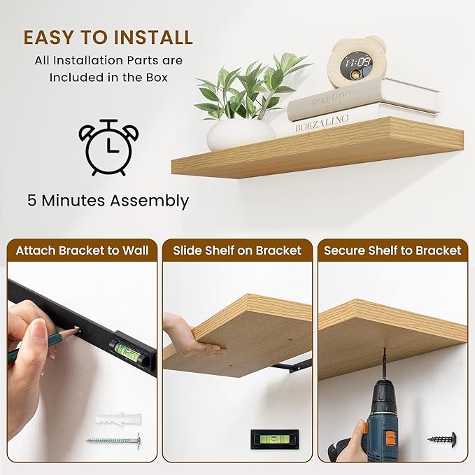 Fun Memories 40" Rustic Wood Floating Shelves with Invisible Brackets for Storage & Decor, Deep Wall Mounted Shelves for Bathroom, Kitchen, Living Room (Oak, Set of 2)