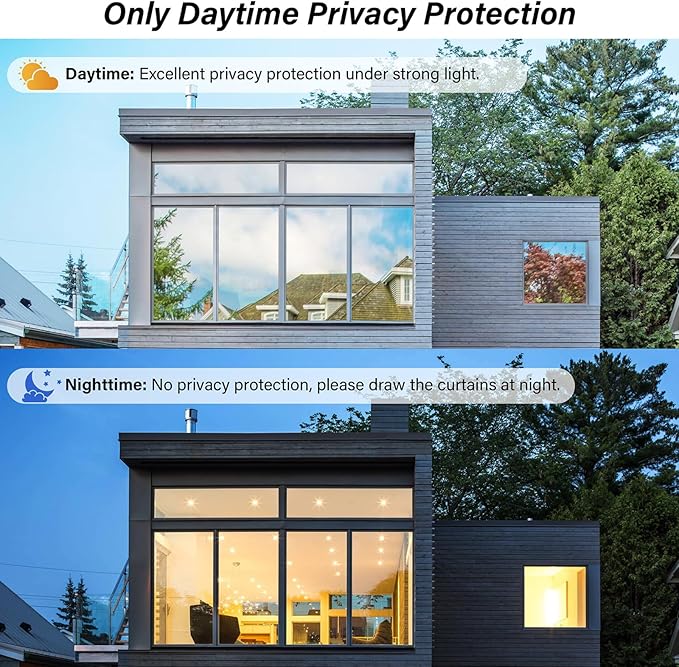 Kromapolis One Way Window Privacy Film Reflective Mirror Home Window Tint, Daytime Privacy Heat Control Anti UV Glass Tinting Static Cling (Silver, 35.4 x 78.7 inch)