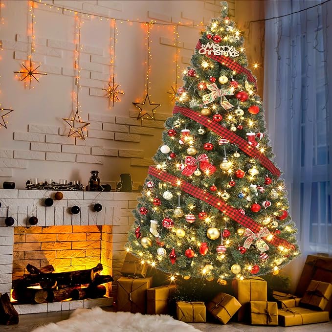 7.5ft Prelit Christmas Tree - Fluffy Fraser Fir with 600 Multicolor Lights & 9 Modes, Hinged Branches & 1300 Tips, Artificial Christmas Tree Includes Stand with Foot Switch for Holiday Home Decor