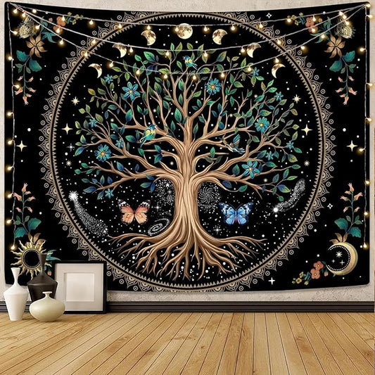 Lunerfex Tree of Life Tapastry Sun and Moon Tapastry Flower Boho Tree Mandala Wall Hanging for Bedroom and Living Room Decor Green Tree 70×90 Inches