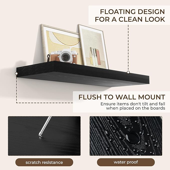 RICHFOCUS 36Inch Floating Shelves for Wall 2 Pack Shelves for Bedroom|Kitchen|Bathroom Wall Mounted Rustic Wood Floating Shelf with Invisible Brackets for Books|Storage|Decor, Black