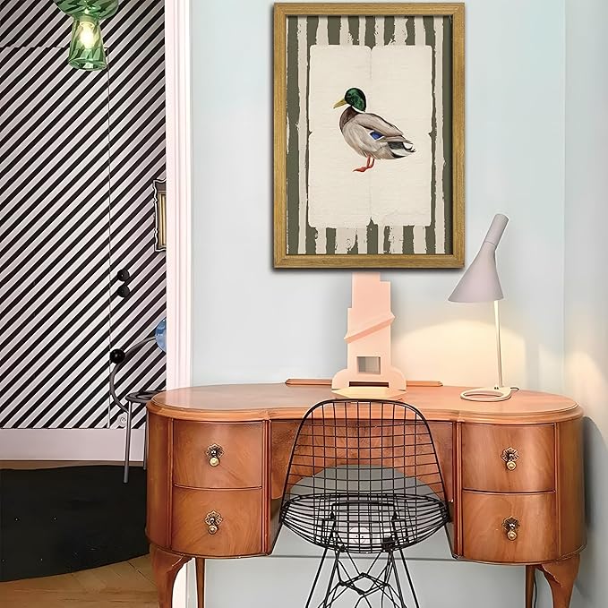 Vintage Framed Duck Wall Art Print, Rustic Mallard Bird Illustration Canvas Poster, Cottagecore Animal Artwork, Farmhouse Nature Wall Decor for Living Room Kitchen Bathroom Bedroom 12x16 inch