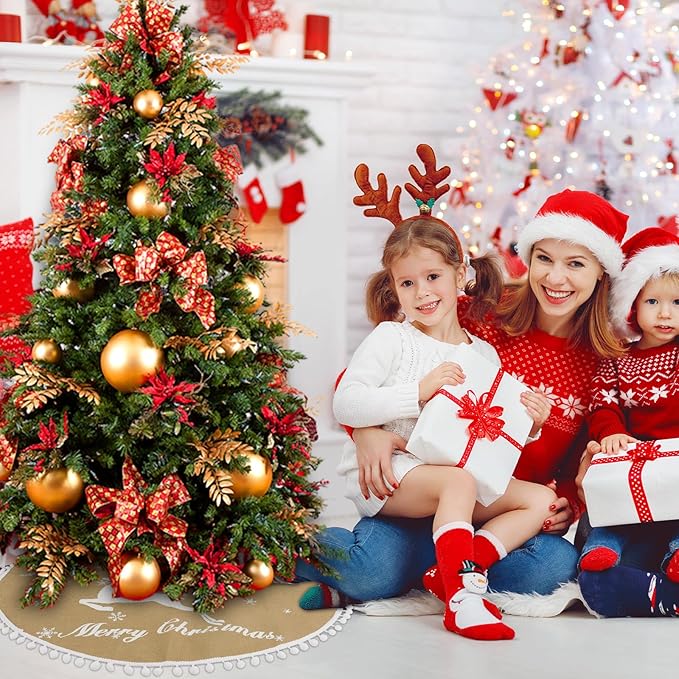 36 Inch Christmas Tree Skirt, Burlap Linen Color Christmas Rustic Tree Skirt with Elk Deer and White Snowflake Printed for Holiday Party Xmas Tree Decoration