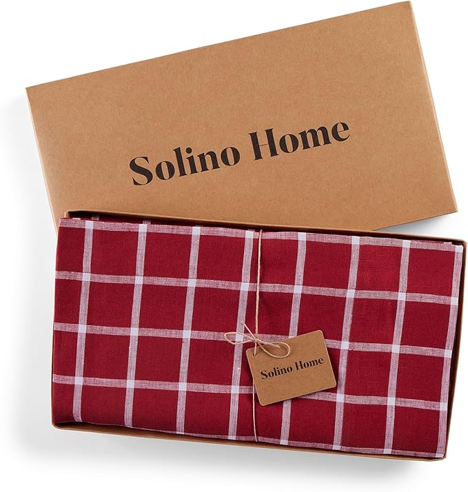 Solino Home Linen Tablecloth 60 x 120 Inch - 100% Pure Linen Windowpane Red Table Cloth for Rectangle Tables - Machine Washable Tablecloth