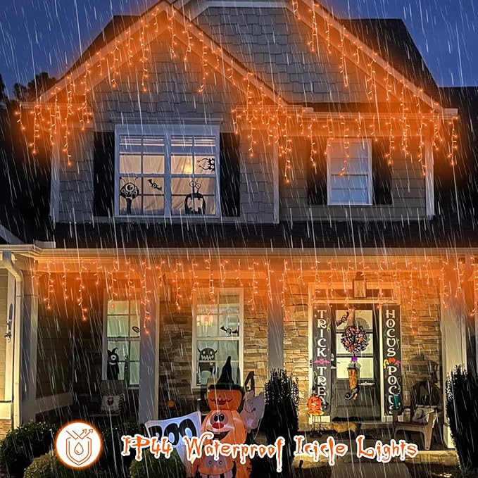 YEGUO 66ft 800 LED Orange Halloween Lights, Connetable Icicle Light Outdoor Waterproof, 8 Modes Christmas Lights Indoor Plug in for Thanksgiving House Patio Fall