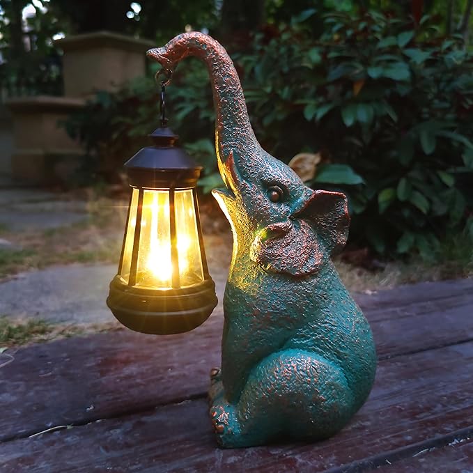 JOYBEE Garden Statues Elephant with Solar Lantern Outdoor Decor-Elephant Solar Figurines Lights Decorations for Patio Yard Lawn Ornaments-Gifts for Birthday Easter Housewarming